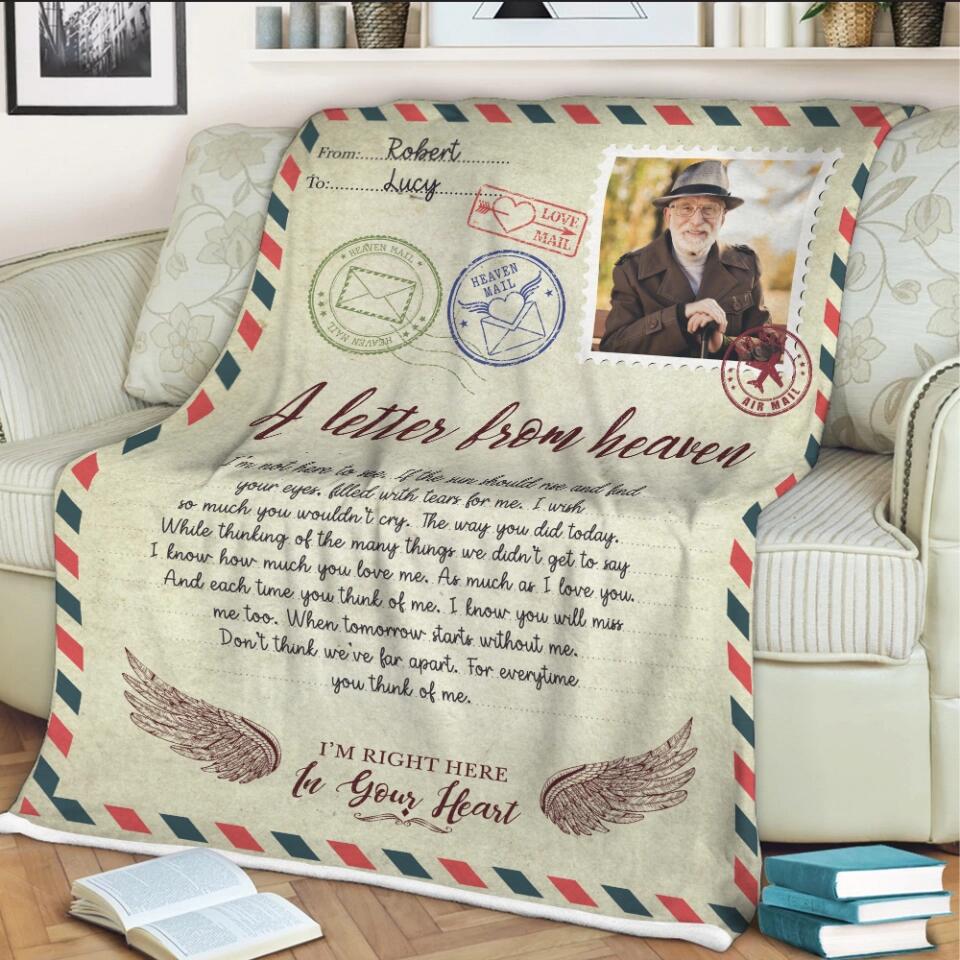 A Letter From Heaven I'm Right Here In Your Heart - Personalized Upload Photo Blanket - Memorial Gift - Angel In Heaven - Gift For Family Anniversary - 302IHPBNBL190
