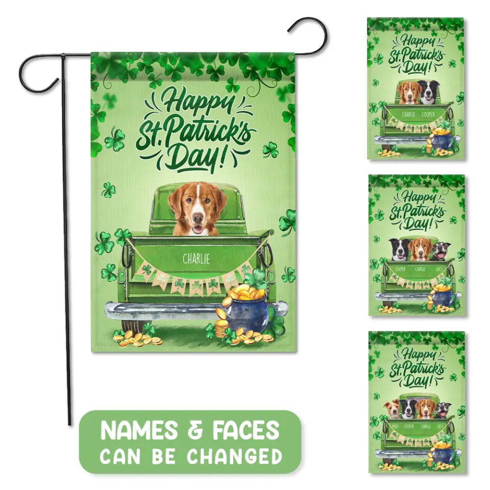 Happy St. Patrick&#39;s Day with Pets - Personalized Pet&#39;s Face &amp; Names - Custom Photo - Garden Flag - Patrick&#39;s Day Gift - Gift for Dog Cat Lovers - for Dog Mom Dog Dad Cat Mom Cat Dad - 302ICNLNFL260