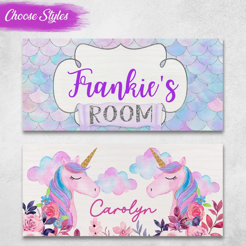 Mermaid &amp; Unicorn Style Girl&#39;s Room Personalized Wooden Sign