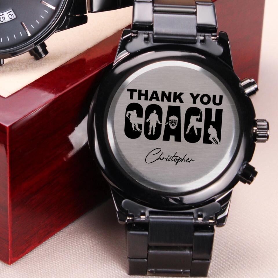 Thank You Hockey Coach - Personalized Stainless Steel Engraved Chronograph Watch - Appreciation Gift For Hockey Coaches
