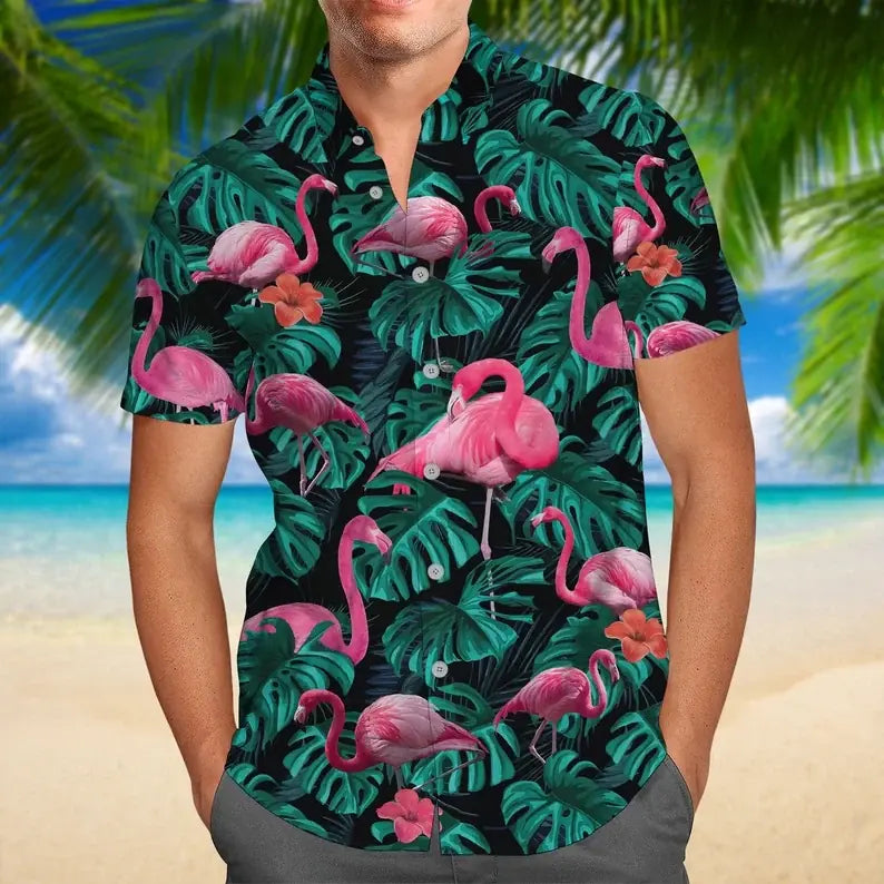 Flamingo Hawaii Shirt, Button Up Shirt, Flamingo Shirt Women, Flamingo Shirt Men, Ocean Shirt, Short Sleeve Shirt, Flamingo Beach Shirt - 303IHPLNTS367