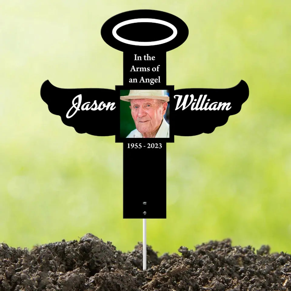 In the Arms of an Angel Personalized Cross Shape Metal Sign