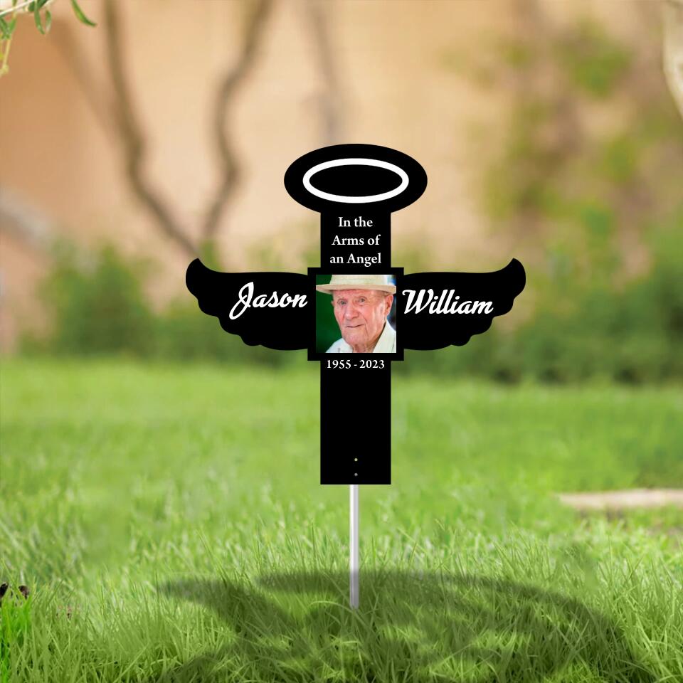 In the Arms of an Angel Personalized Cross Shape Metal Sign