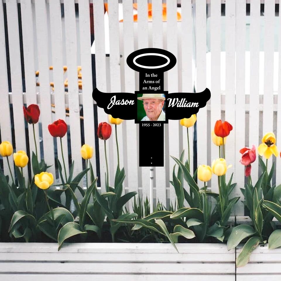 In the Arms of an Angel Personalized Cross Shape Metal Sign