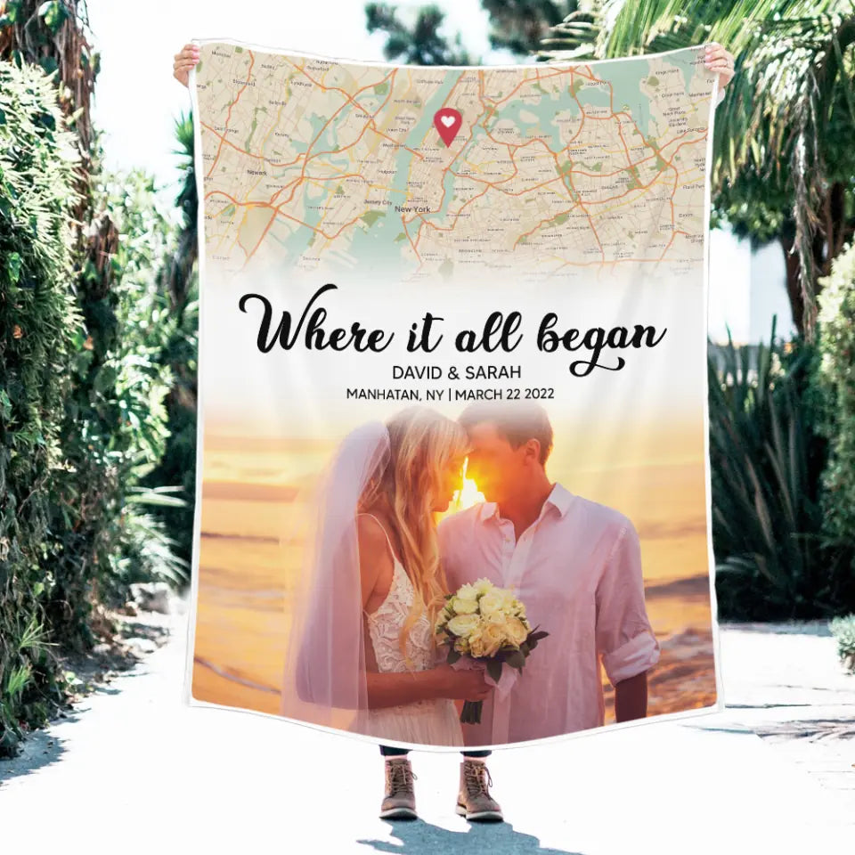 Where It All Began Custom Map and Photo - Personalized Fleece Blanket