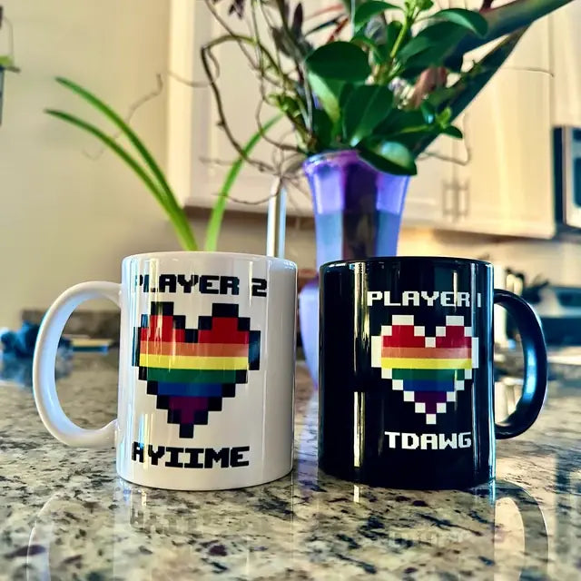 Custom Name Player One Player Two Heart Matching LGBT - Personalized Mug - Gift For Gay Couple