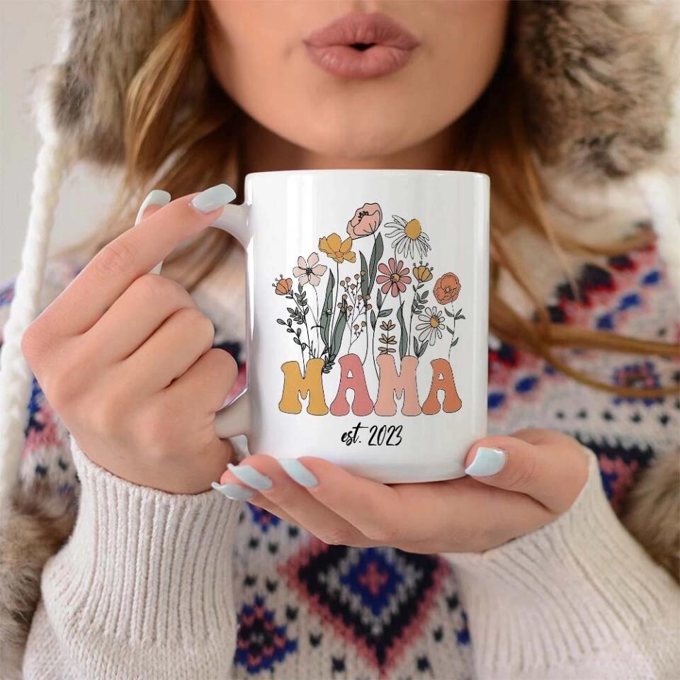 Vintage Flowers Mama Est - White Mug - Custom Year - Mother's Day Gift