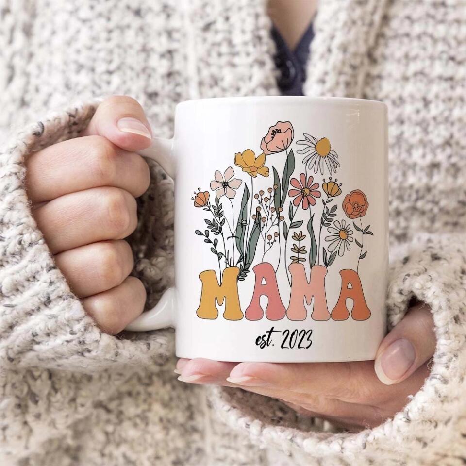Vintage Flowers Mama Est - White Mug - Custom Year - Mother's Day Gift