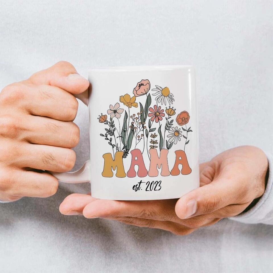 Vintage Flowers Mama Est - White Mug - Custom Year - Mother's Day Gift