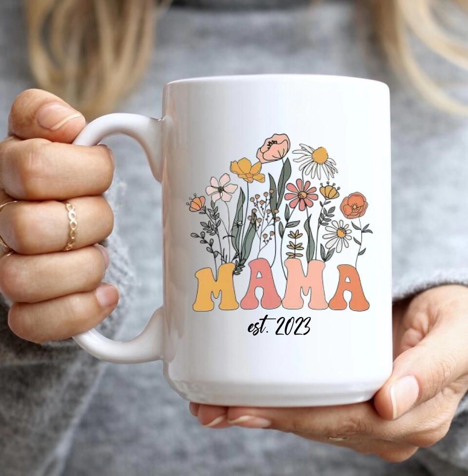 Vintage Flowers Mama Est - White Mug - Custom Year - Mother's Day Gift