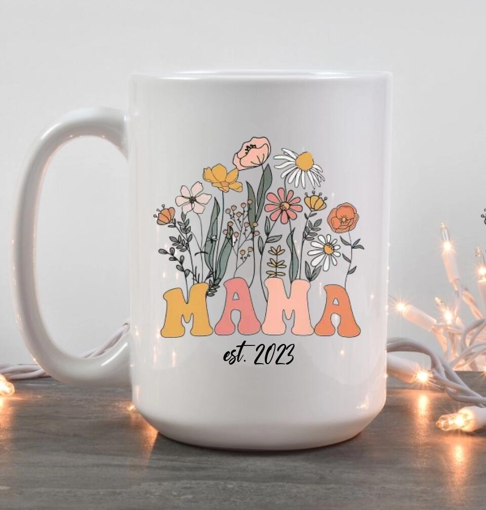 Vintage Flowers Mama Est - White Mug - Custom Year - Mother's Day Gift