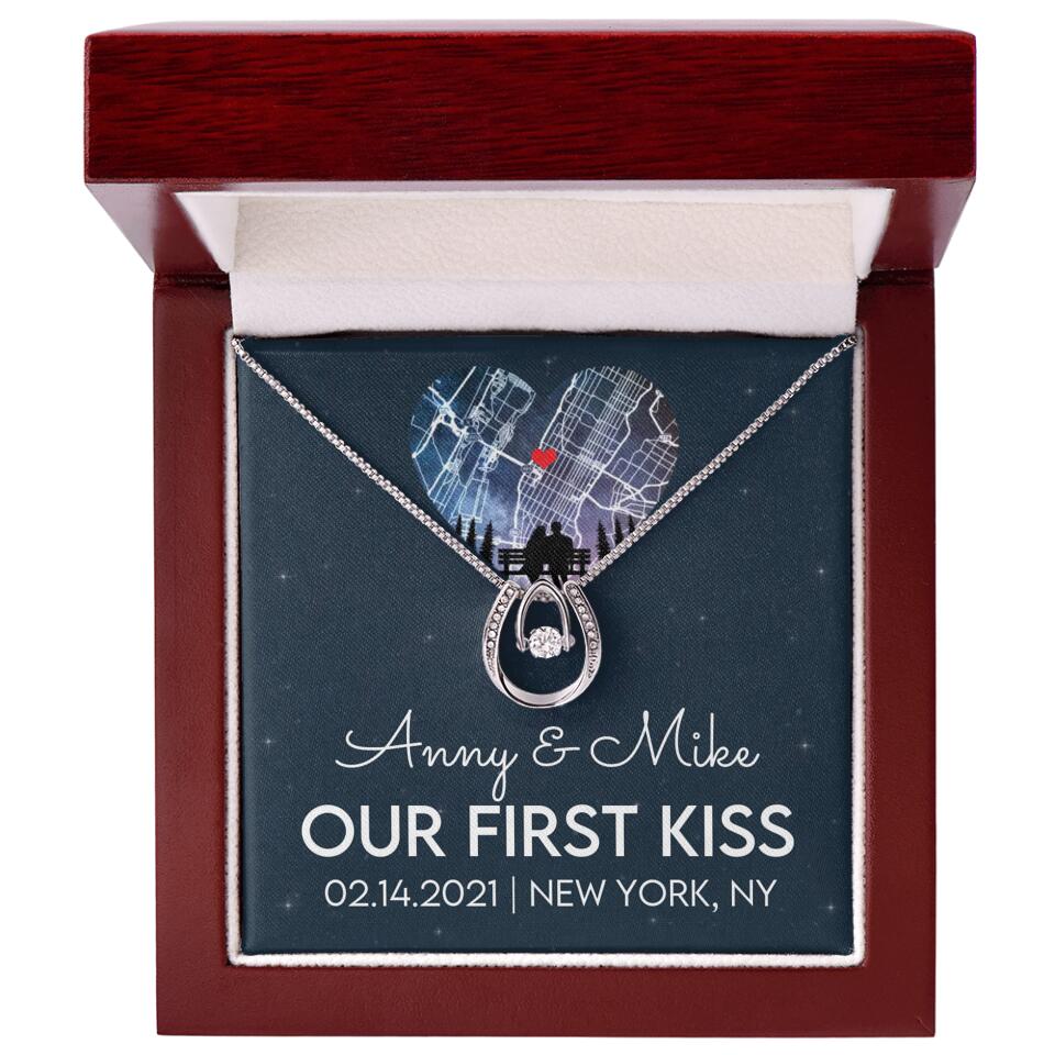 Our First Kiss - Personalized Couple Necklace - Custom Names, Date & Location