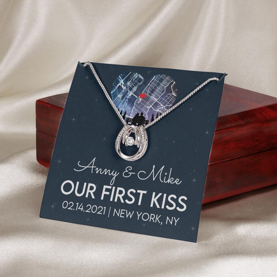 Our First Kiss - Personalized Couple Necklace - Custom Names, Date & Location