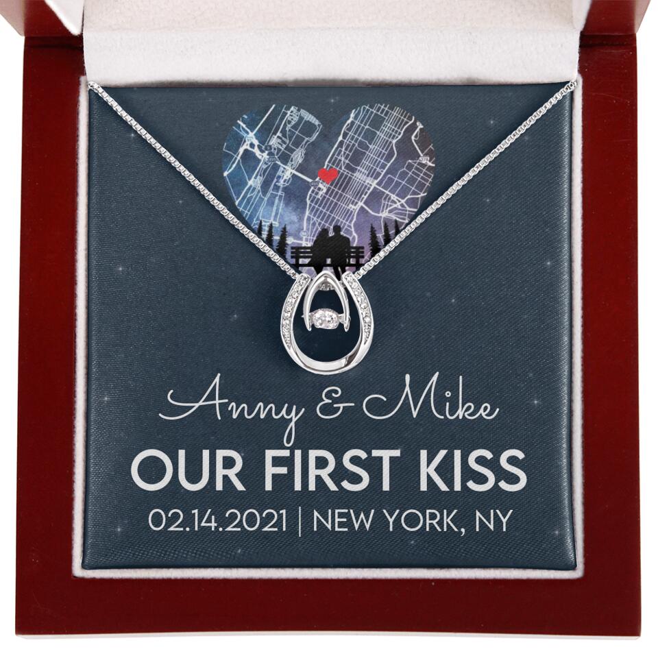 Our First Kiss - Personalized Couple Necklace - Custom Names, Date & Location