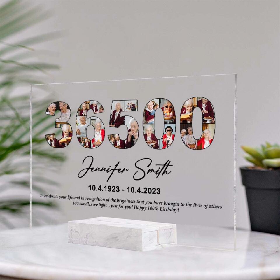 36500 Days - Personalized Acrylic Plaque - Custom Name, Date & Photo - 100th Birthday Gift