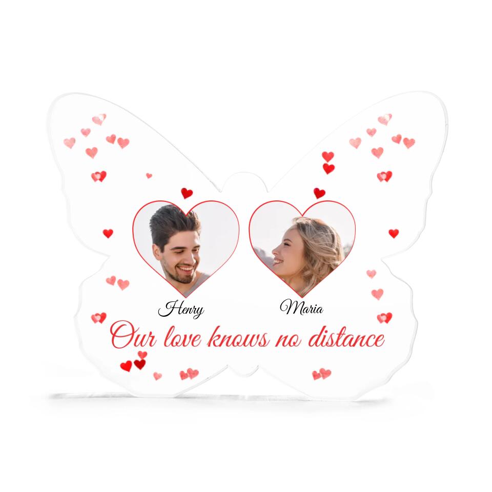 Our Love Knows No Distance - Personalized Butterfly Acrylic Plaque - Long Distance Gift For Couples