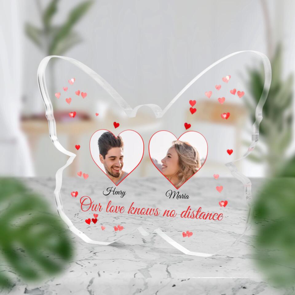 Our Love Knows No Distance - Personalized Butterfly Acrylic Plaque - Long Distance Gift For Couples