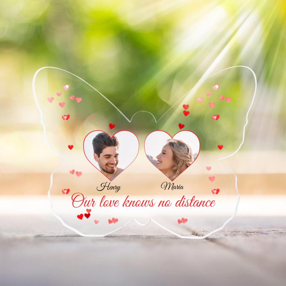 Our Love Knows No Distance - Personalized Butterfly Acrylic Plaque - Long Distance Gift For Couples
