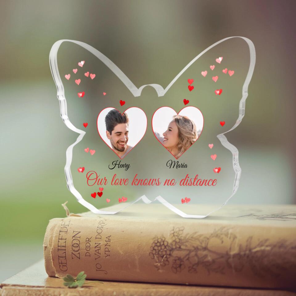 Our Love Knows No Distance - Personalized Butterfly Acrylic Plaque - Long Distance Gift For Couples