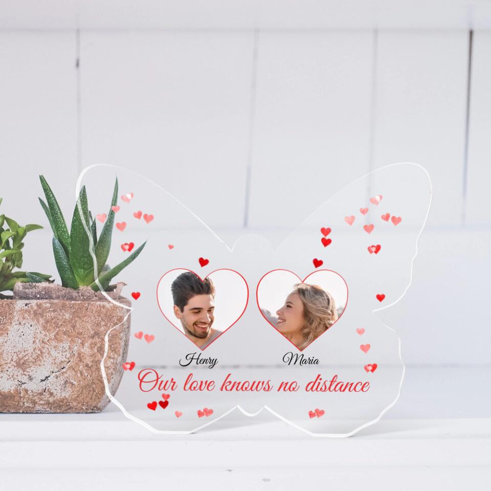 Our Love Knows No Distance - Personalized Butterfly Acrylic Plaque - Long Distance Gift For Couples
