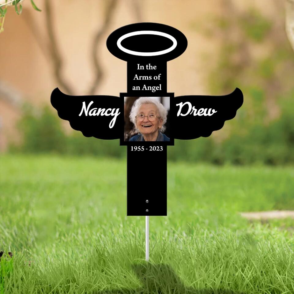 In the Arms of an Angel Personalized Cross Shape Metal Sign