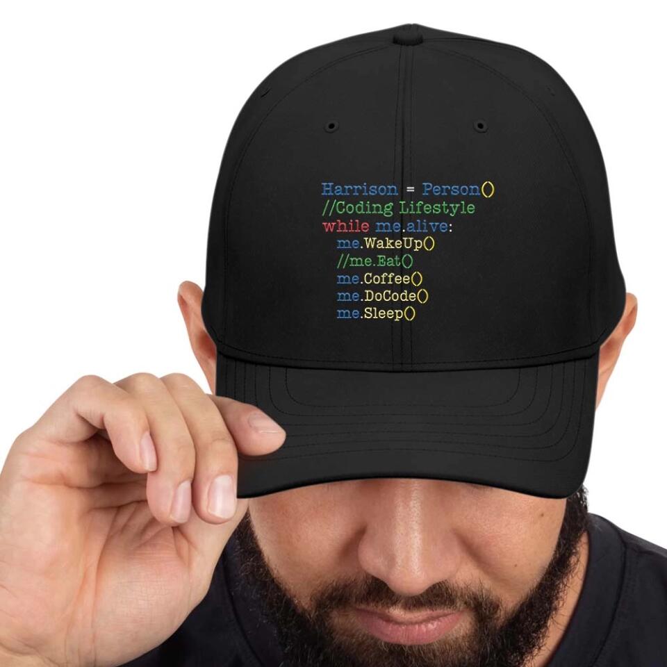 Coding Lifestyle While Me Allive Wake Up Eat Coffee Do Code Sleep - Personalized Twill Cap - Gift For Coder
