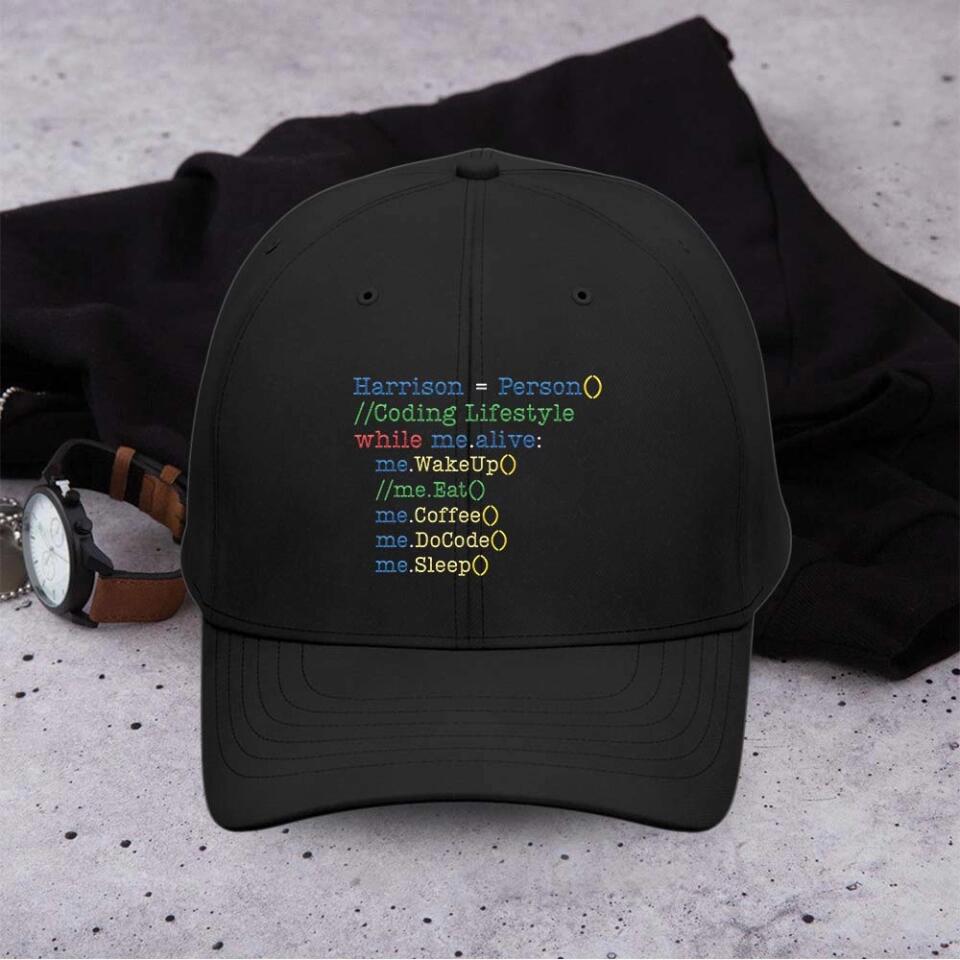 Coding Lifestyle While Me Allive Wake Up Eat Coffee Do Code Sleep - Personalized Twill Cap - Gift For Coder