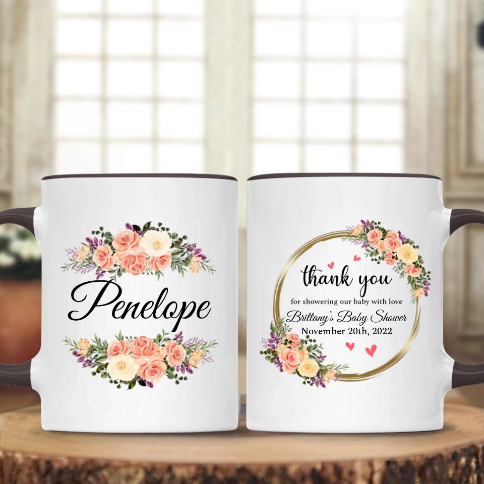 Thank You for Showering Our Baby With Love Floral Style - Personalized Baby Shower Hostess's Name - Custom Date - White Ceramic Mug - 211ICNNPMU130