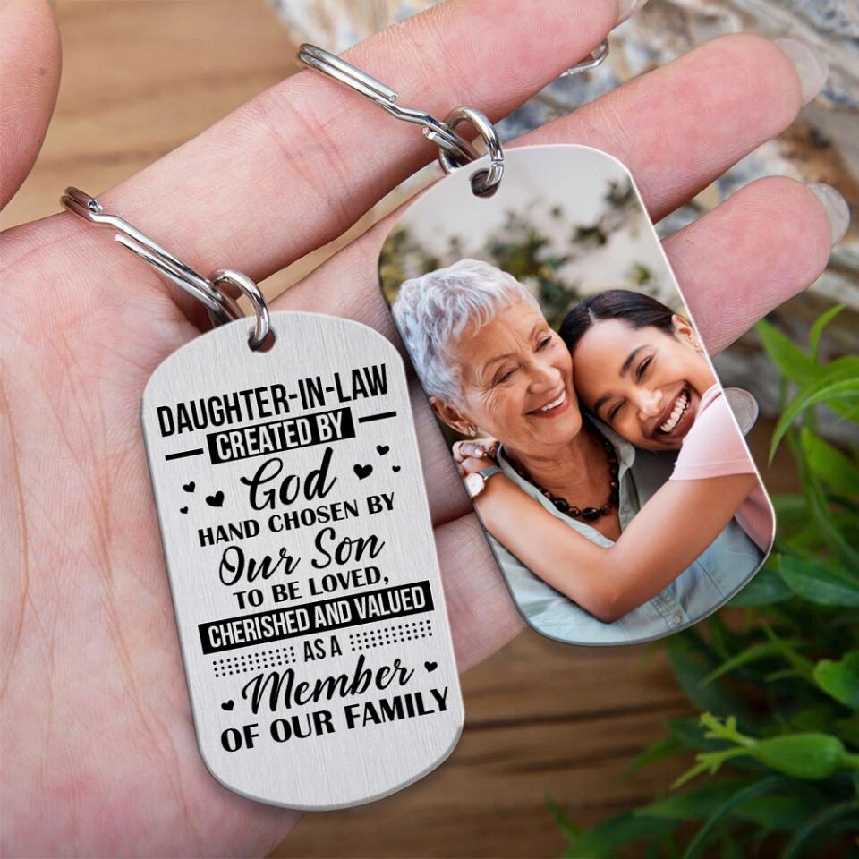 Daughter-in-law Created By God Hand, Personalized Stainless Metal Keychain, Gift For Daughter-in-law