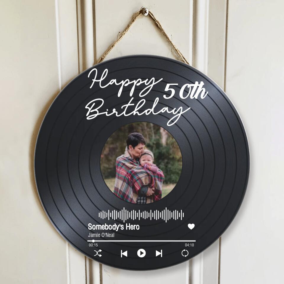 Couple Wooden Sign Happy Birthday - Vinyl Record, Personalized Round Wood Sign Wall Art - Gift For Your Love On Birthday