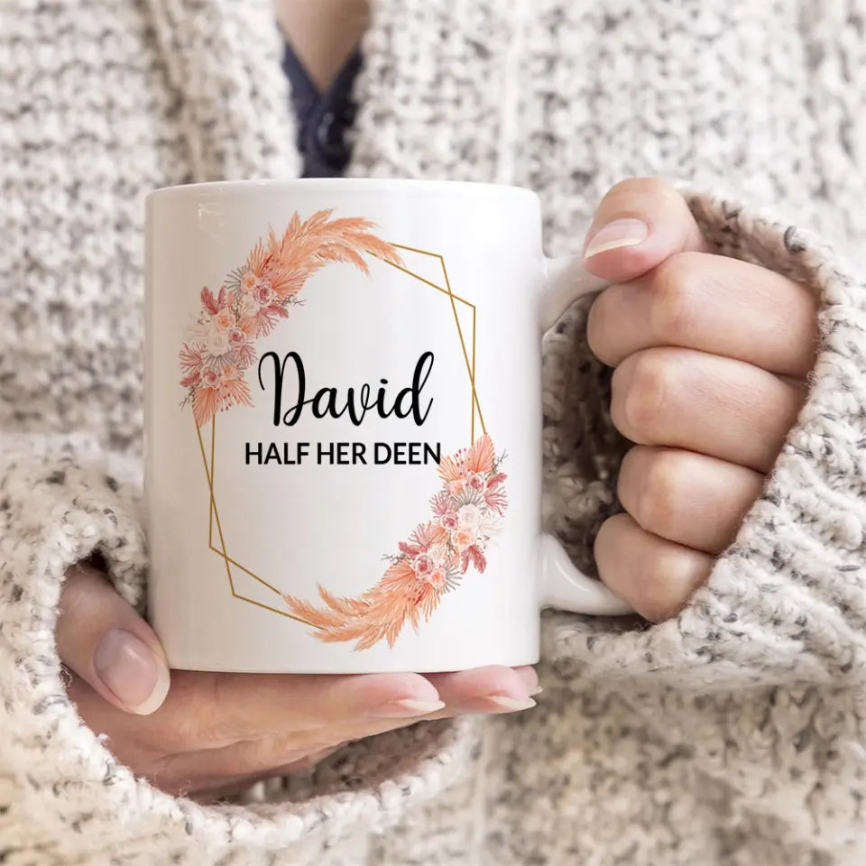 Half His/Her Deen - Personalized White Mug - Eid Mubarak Ramadan Gift