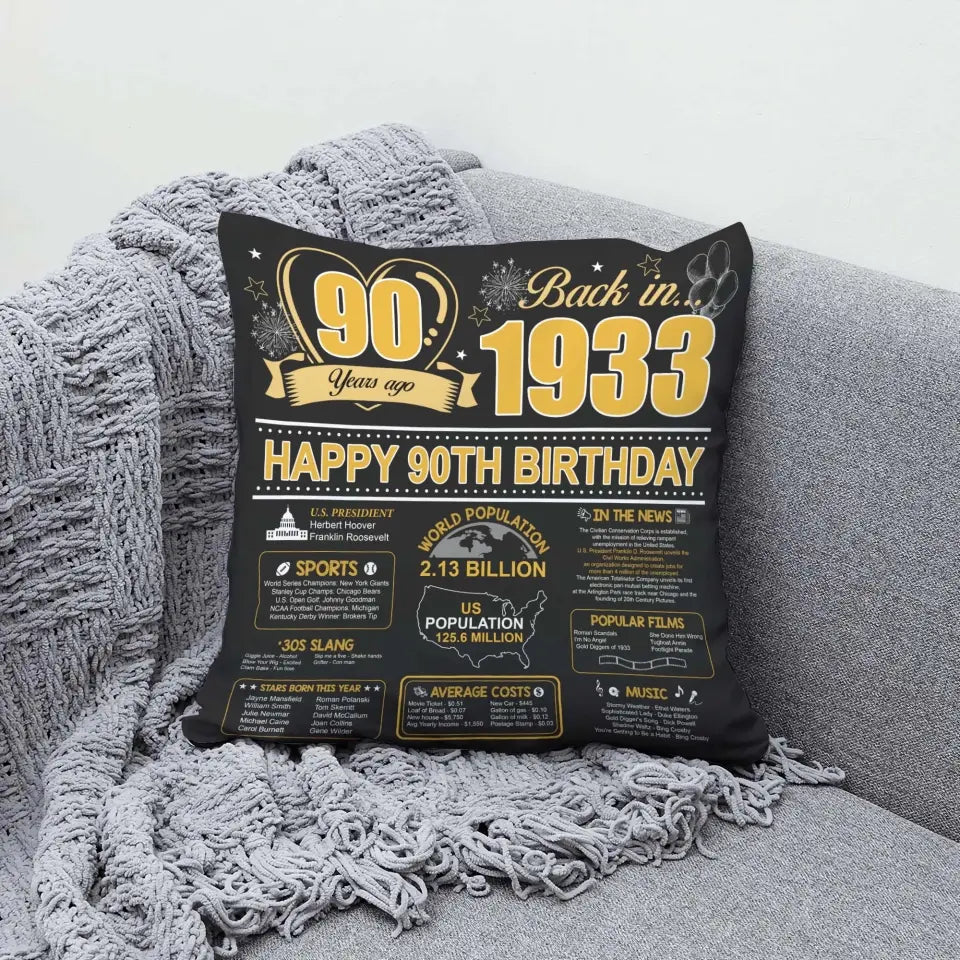 Back In 1933 Happy 90th Birthday 90 Years Ago Personalized Pillow