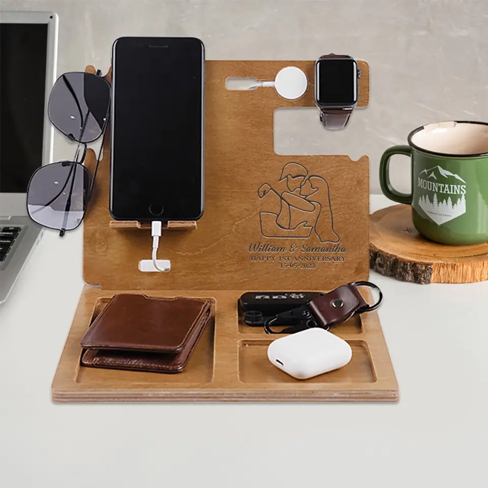 Happy 1st Anniversary - Personalized Wooden Docking Station - 1 Year Anniversary Gift