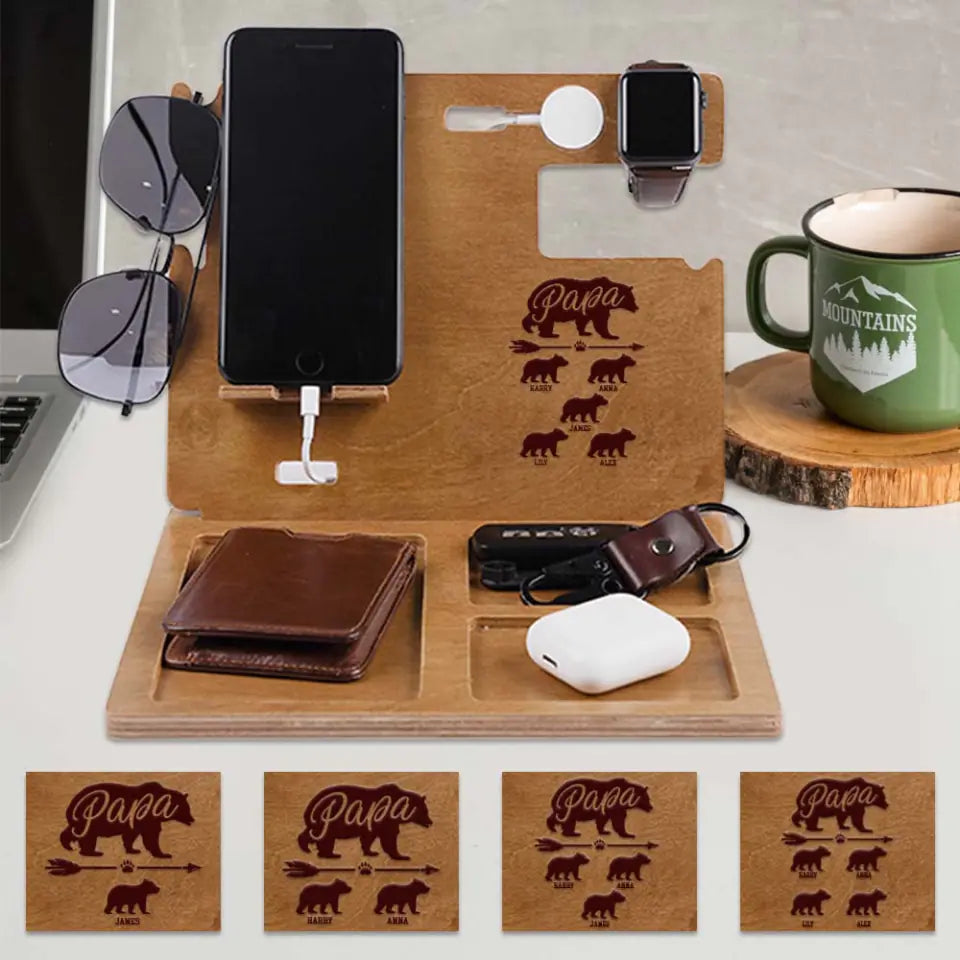 Papa - Wood Phone Docking Station, Nightstand Organizer with Key Holder, Wallet Stand, and Watch Organizer - Anniversary Unique Birthday Gifts for Men Dad Husband - 304IHPTLDS521
