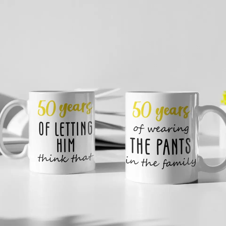 Let Him Think To Wear the Pants in Family - Personalized Couple White Mug Couple Mug Set 2 Mugs - Funny Gifts for Wedding Anniversary - 208IHPTHMU087