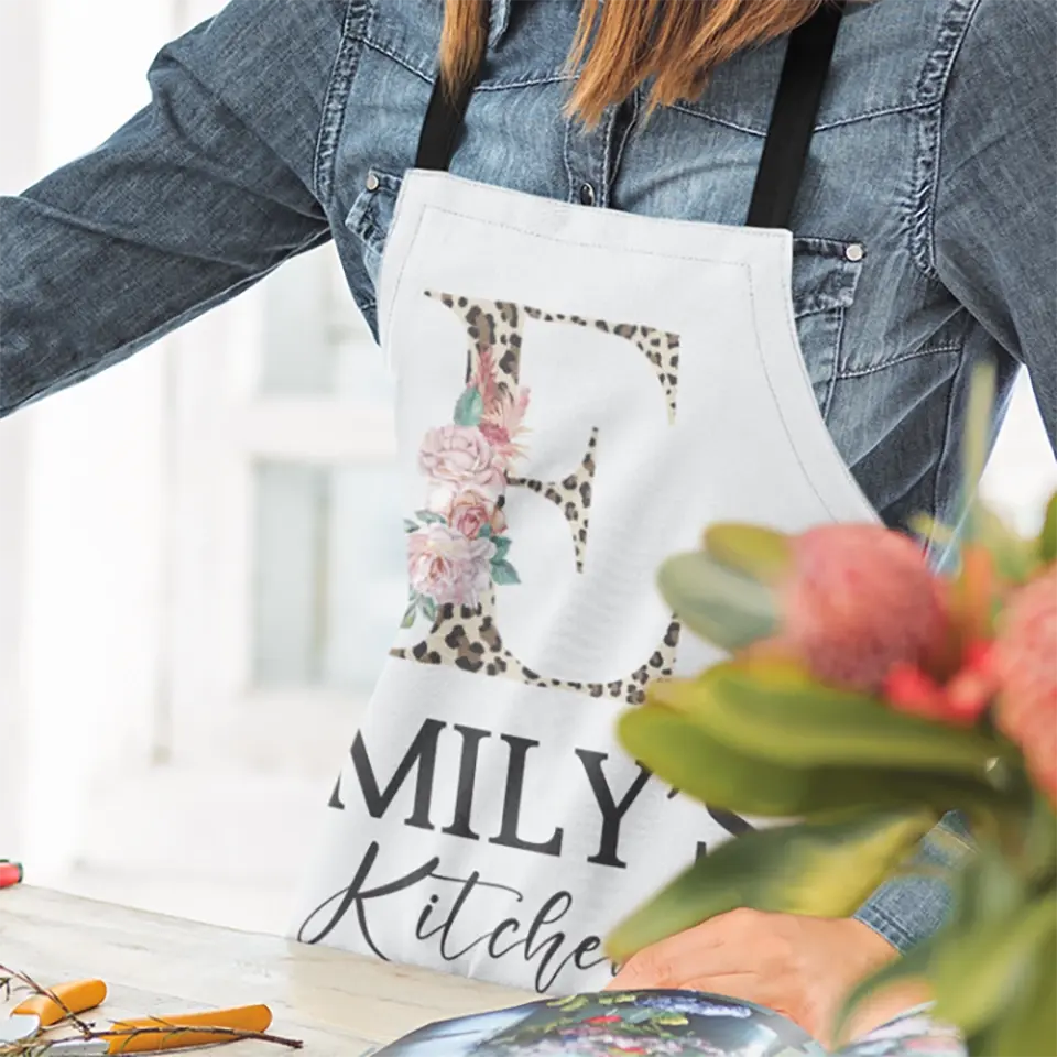 Personalized Apron Initial, Name w/ Flower Design - Customized Woman Apron Gift for Chef, Cooking BBQ Grill Baking Aprons Gifts for Mom
 - 304IHPBNAR462