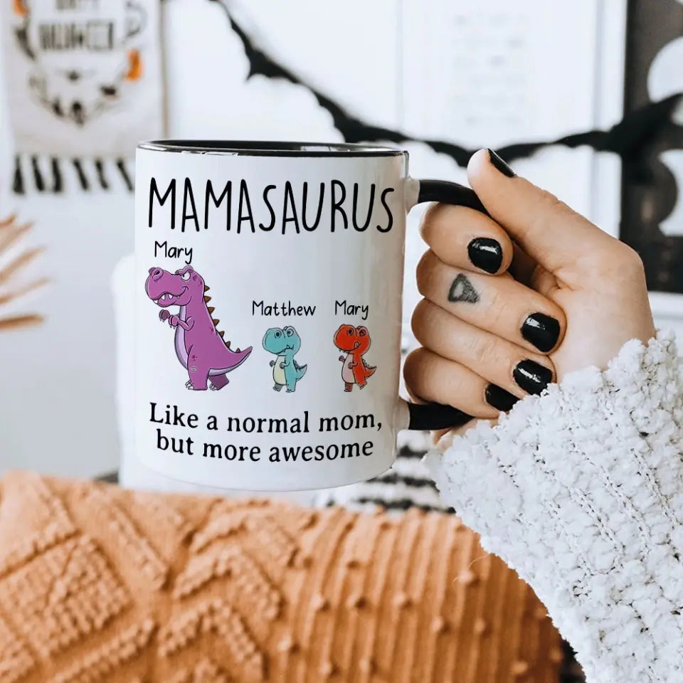 Mamasaurus Dadasaurus Cup, Custom Little Saurus with Names, Personalized Ceramic Mug, Cute Gifts for Mom & Dad