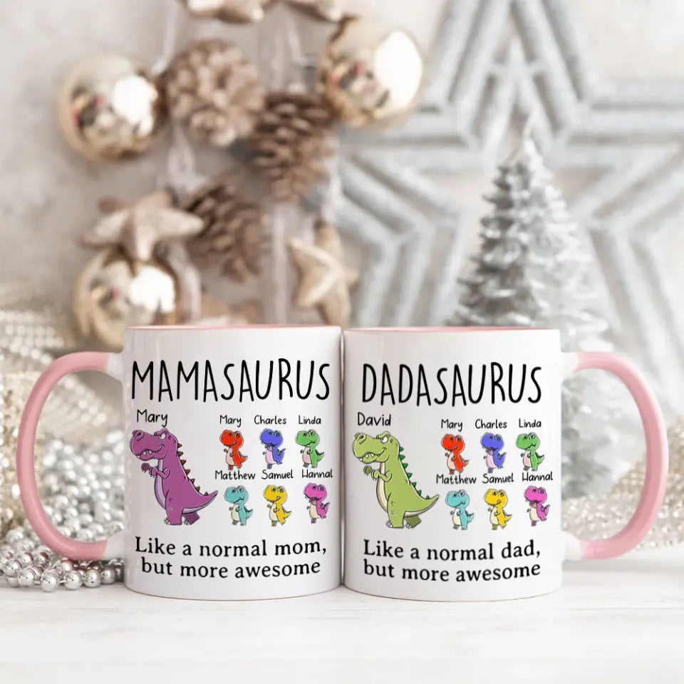 Mamasaurus Dadasaurus with Kids - Custom Little Saurus with Names - Personalized Mug - Ceramic Mug - Accent Mug - Mother&#39;s Day Father&#39;s Day Gift - Birthday Gift - for Mom Dad - 305ICNLNMU580