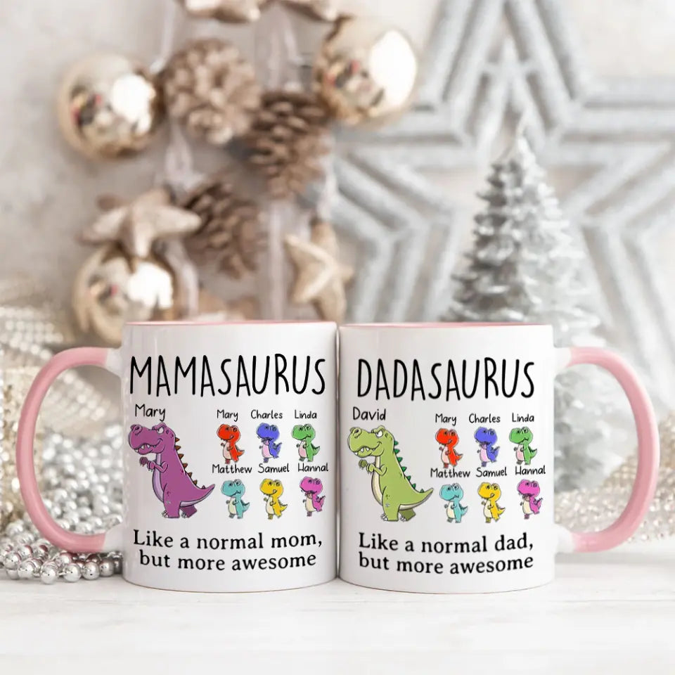 Mamasaurus Dadasaurus Cup, Custom Little Saurus with Names, Personalized Ceramic Mug, Cute Gifts for Mom &amp; Dad