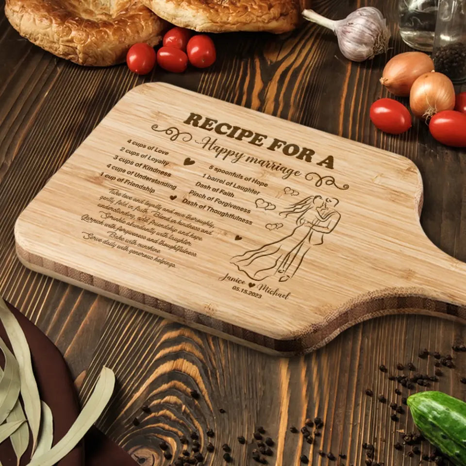 Recipe For A Happy Marriage - Custom Wood Cutting Board - Wedding, Anniversary Gift for Couples - Kitchen Decor