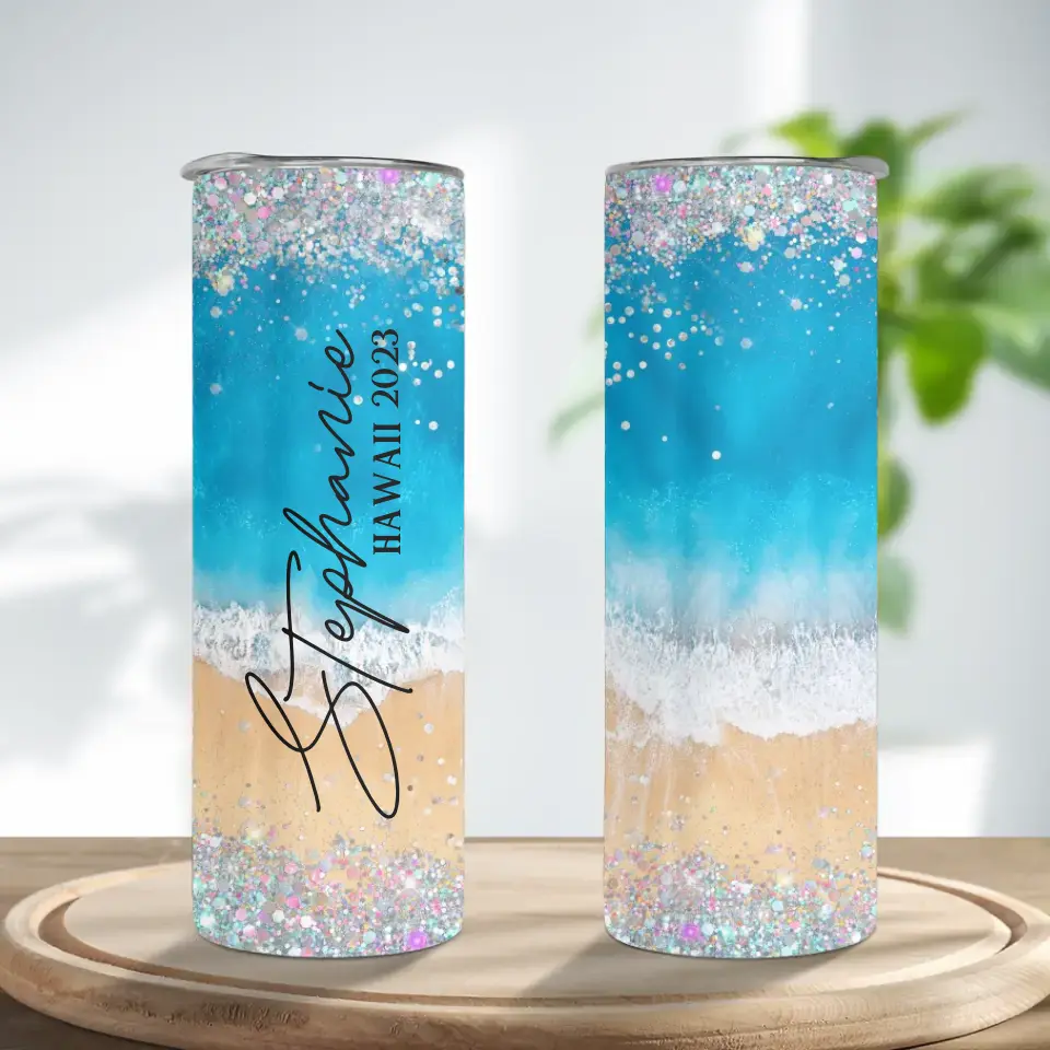 Beach Background Tumbler - Personalized 20oz Skinny Tumbler - Beach Gifts for Mom