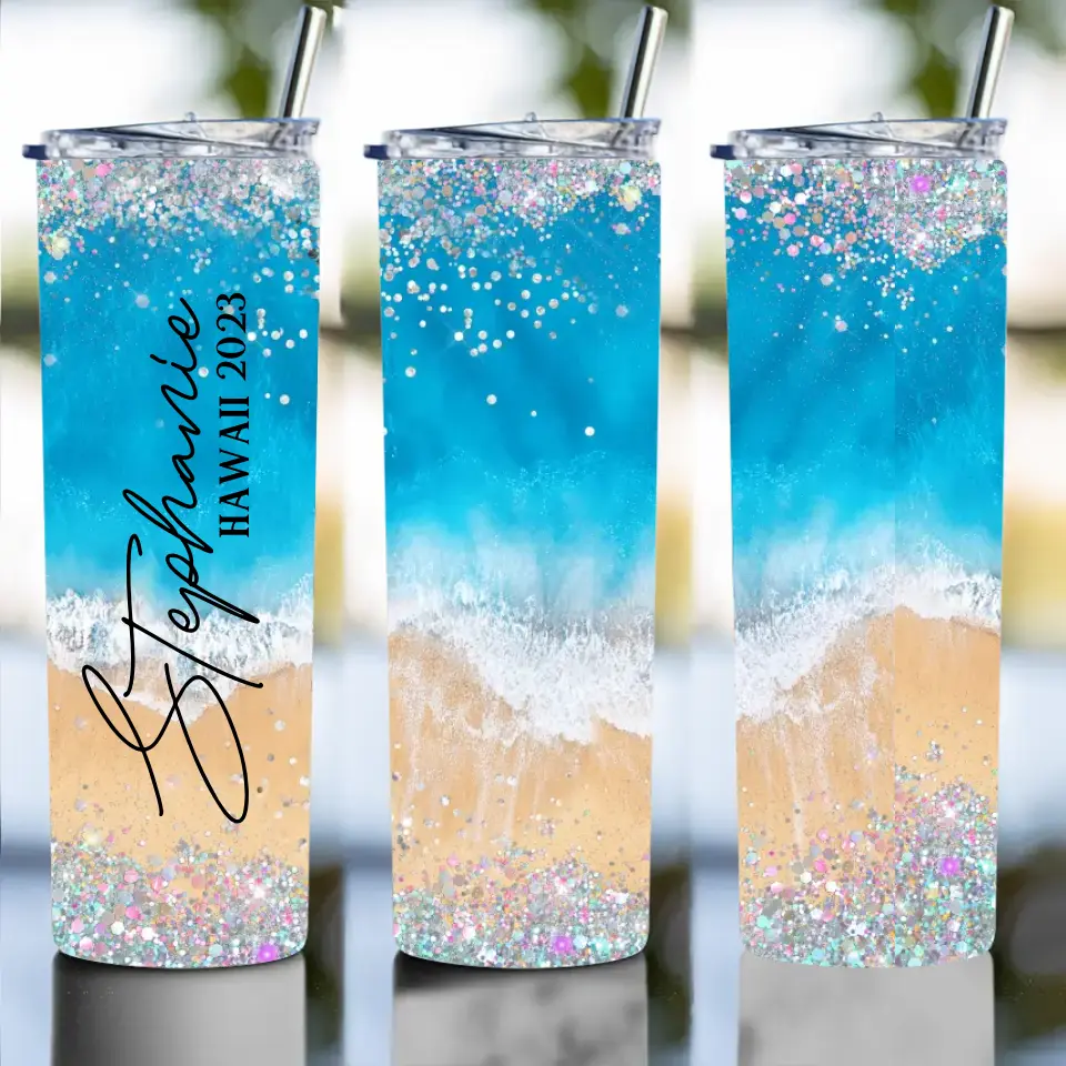 Beach Background Tumbler - Personalized 20oz Skinny Tumbler - Beach Gifts for Mom