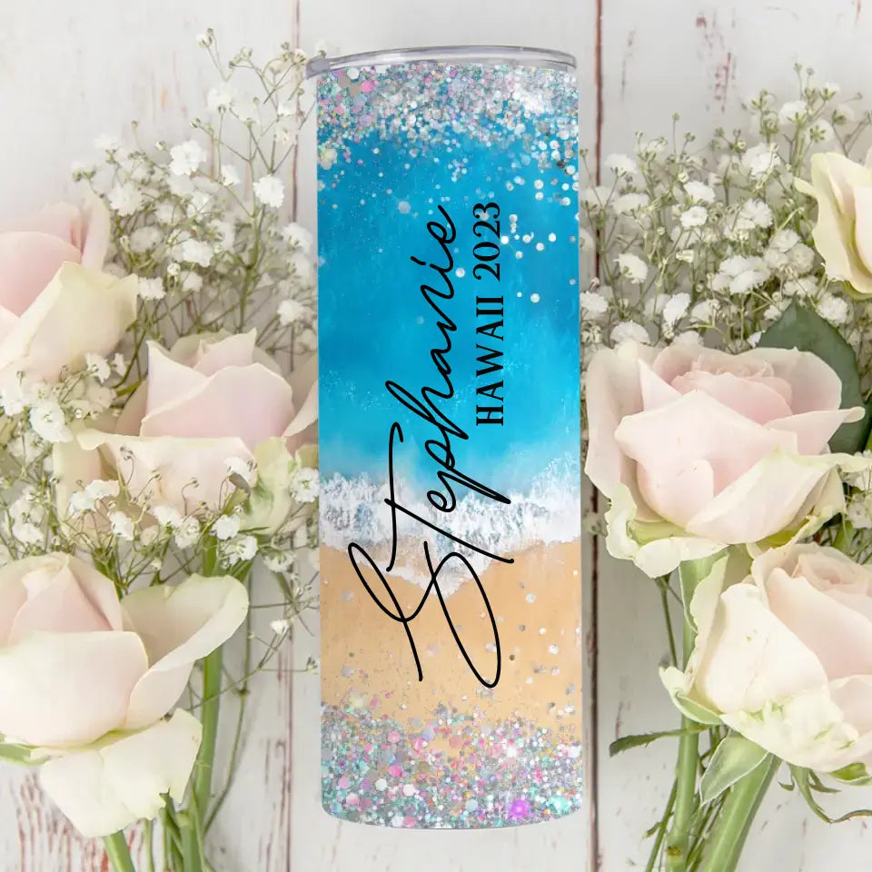 Beach Background Tumbler - Personalized 20oz Skinny Tumbler - Beach Gifts for Mom