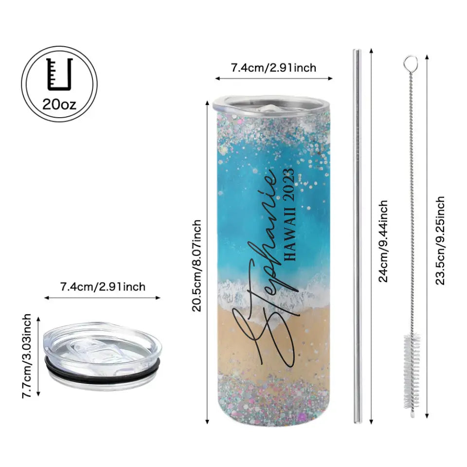 Beach Background Tumbler - Personalized 20oz Skinny Tumbler - Beach Gifts for Mom