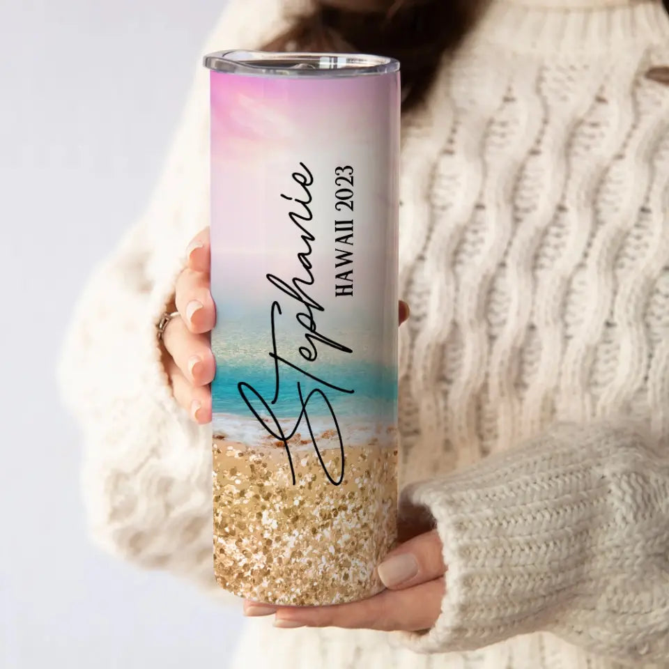 Beach Background Tumbler - Personalized 20oz Skinny Tumbler - Beach Gifts for Mom
