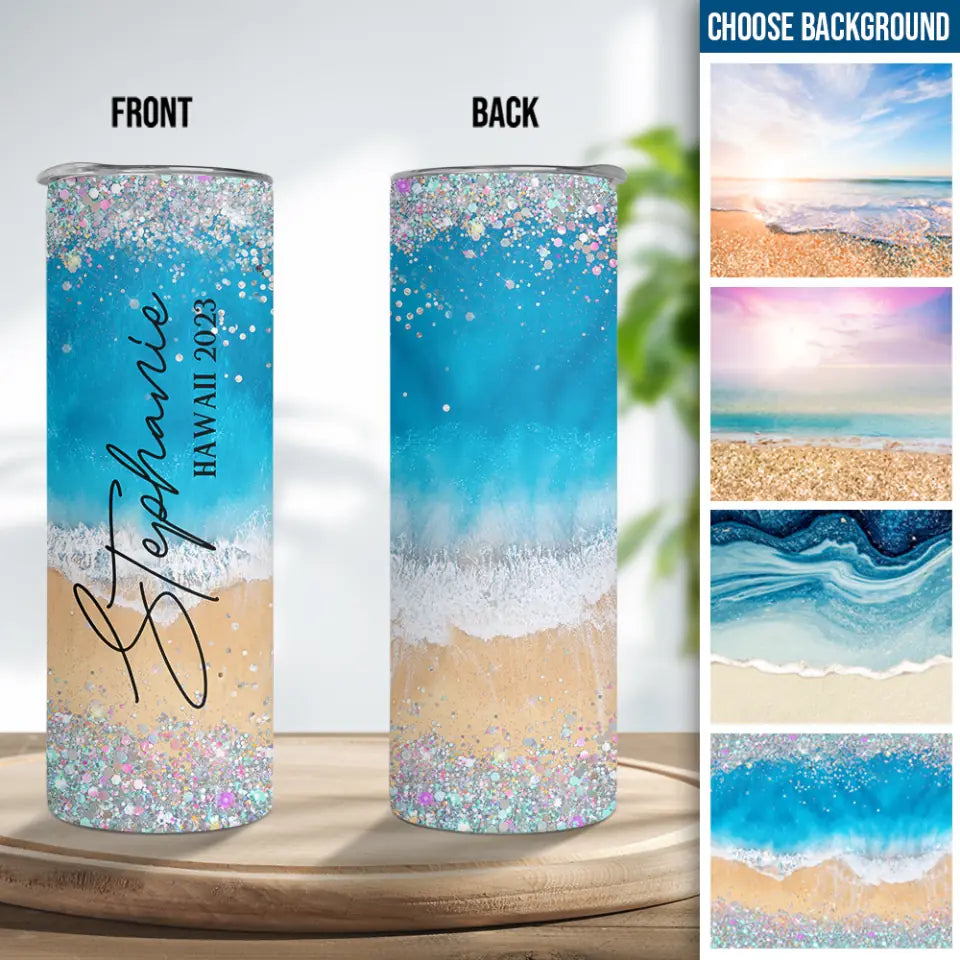 Beach Background Tumbler - Personalized 20oz Skinny Tumbler - Beach Gifts for Mom