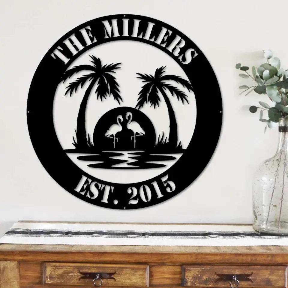 Flamingo Beach And Family - House Warming Present Idea - Custom Metal Sign - Gift For Family