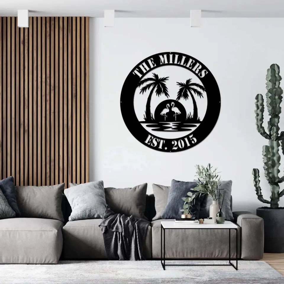 Flamingo Beach And Family - House Warming Present Idea - Custom Metal Sign - Gift For Family