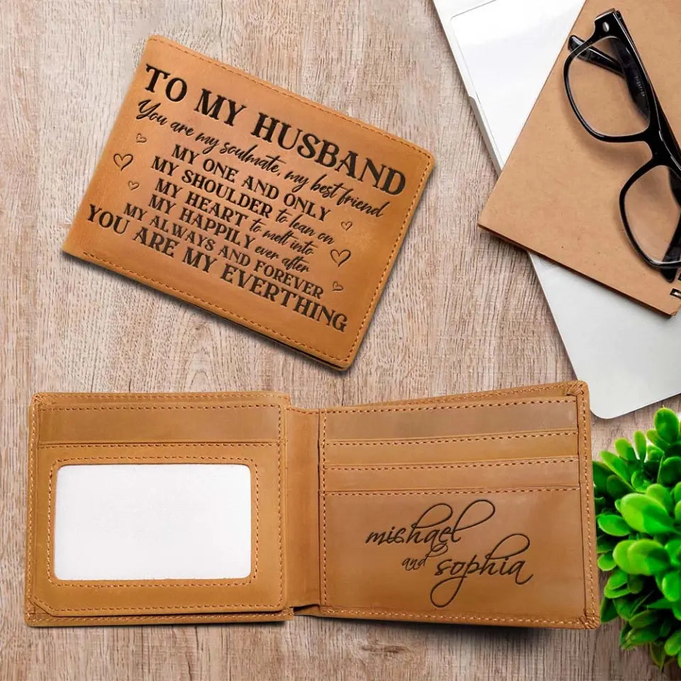 To My Husband You Are My Soulmate My Best Friend, Personalized Engraved Name Leather Wallet, Anniversary Gift for Him