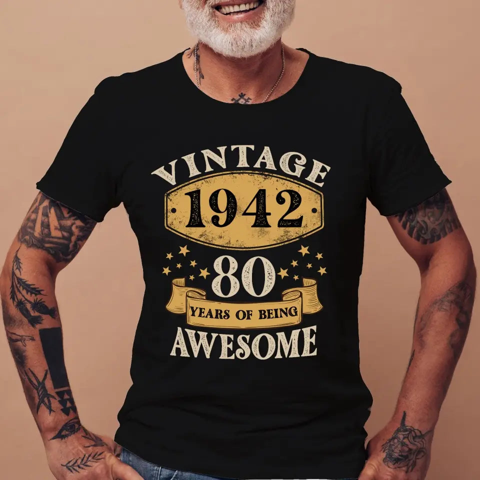 Vintage 1943, 80 Years Of Being Awesome - Personalized T-shirt - Custom Year & Age - 80th Birthday Gift